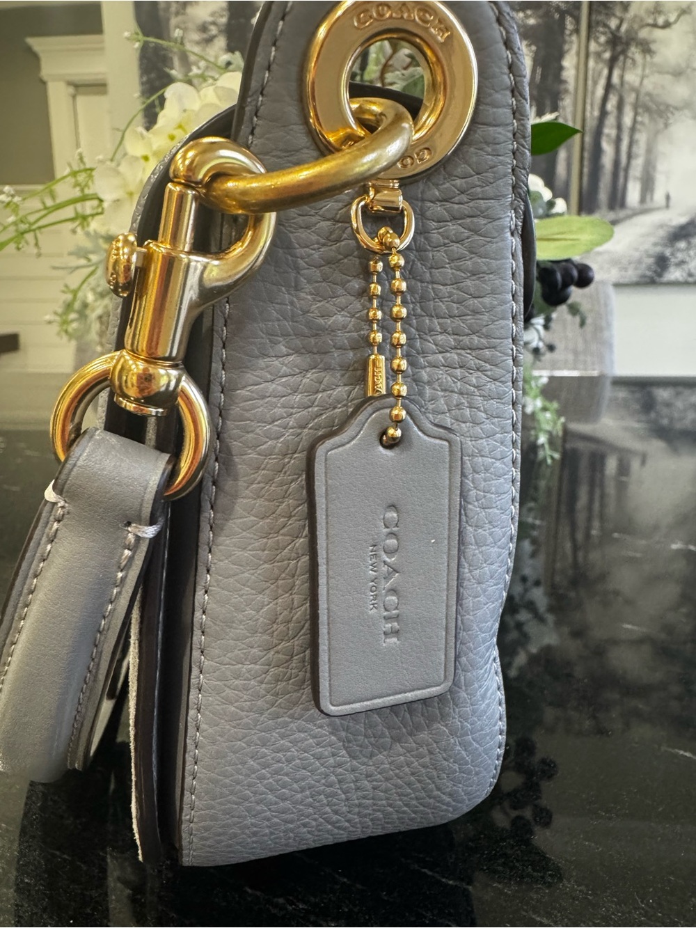 🩶COACH Gray Pebbled Leather & Suede Mini Saddle Bag with Gold Hardware - Picture 3 of 13